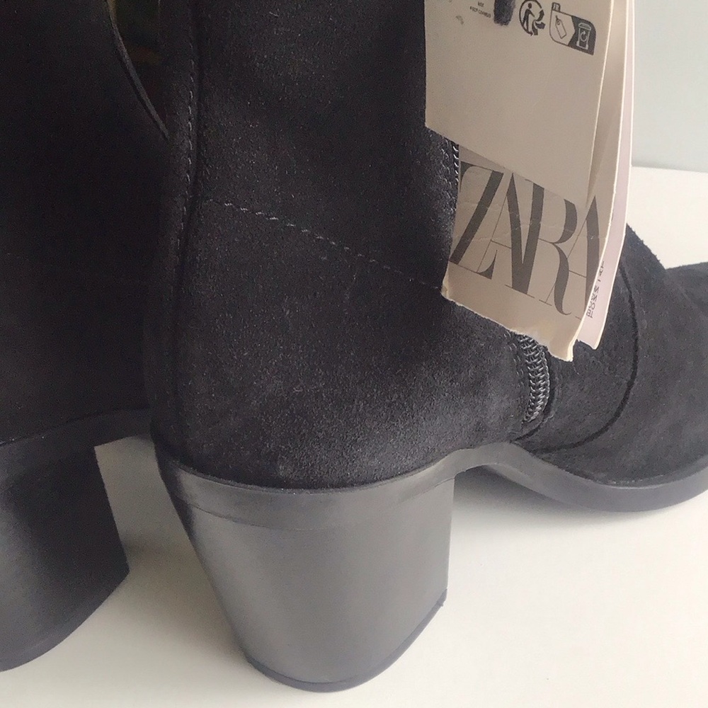 Zara leather western Black Suede heeled Ankle Boots - Picture 12 of 16